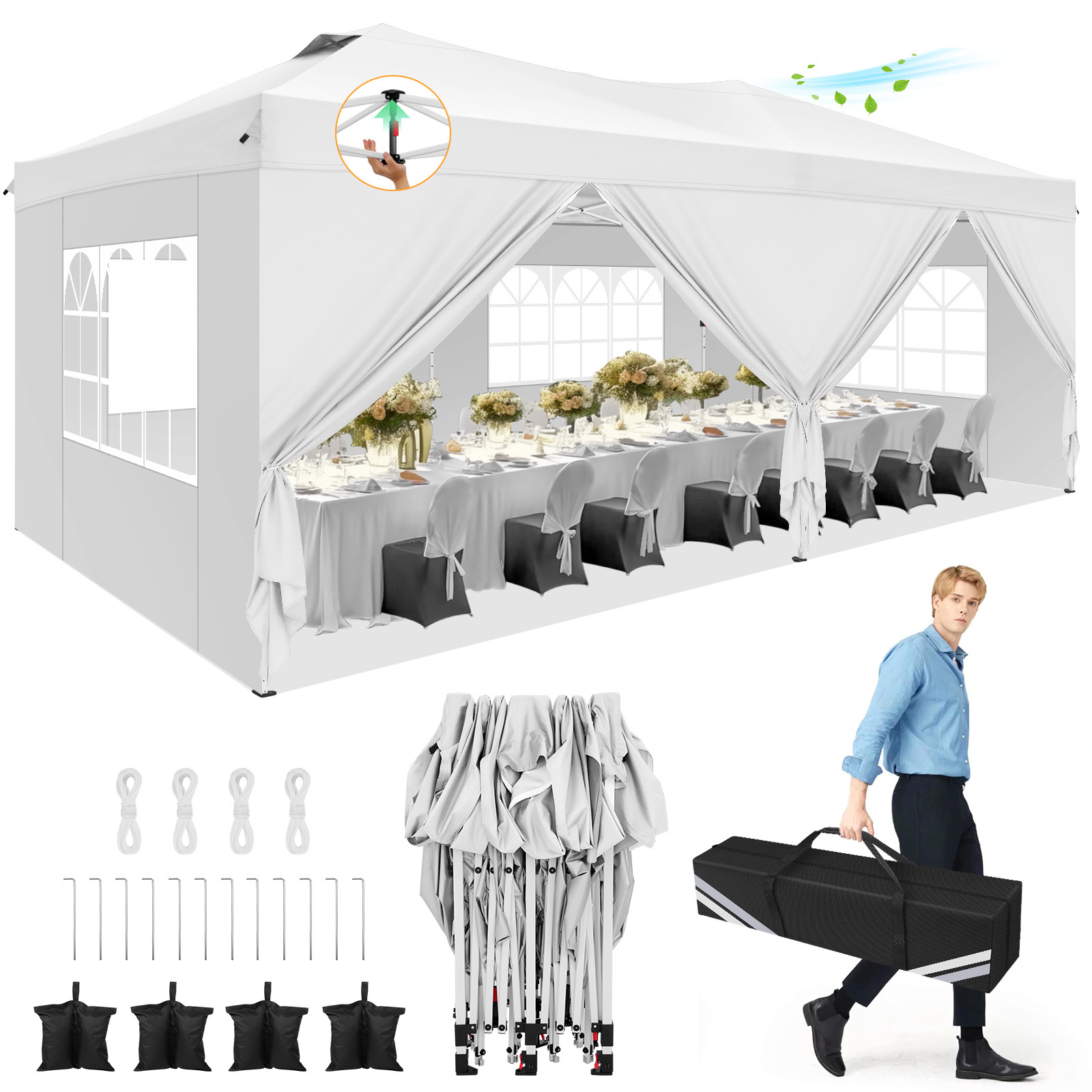 HOTEEL 10x20 Pop up Canopy Tent, Waterproof Commercial Tent with 6 Removable Sidewalls, Outdoor Sun Shelter Gazebo for Parties, Wedding, Camping, Courtyard