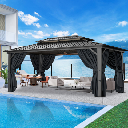 SANOPY 10x15 Hardtop Gazebo Aluminum Gazebos with Galvanized Steel Double Roof Metal Gazebo with Curtains and Netting Permanent Hardtop Gazebos Steel Gazebo for Backyard, Garden and Patio, Black