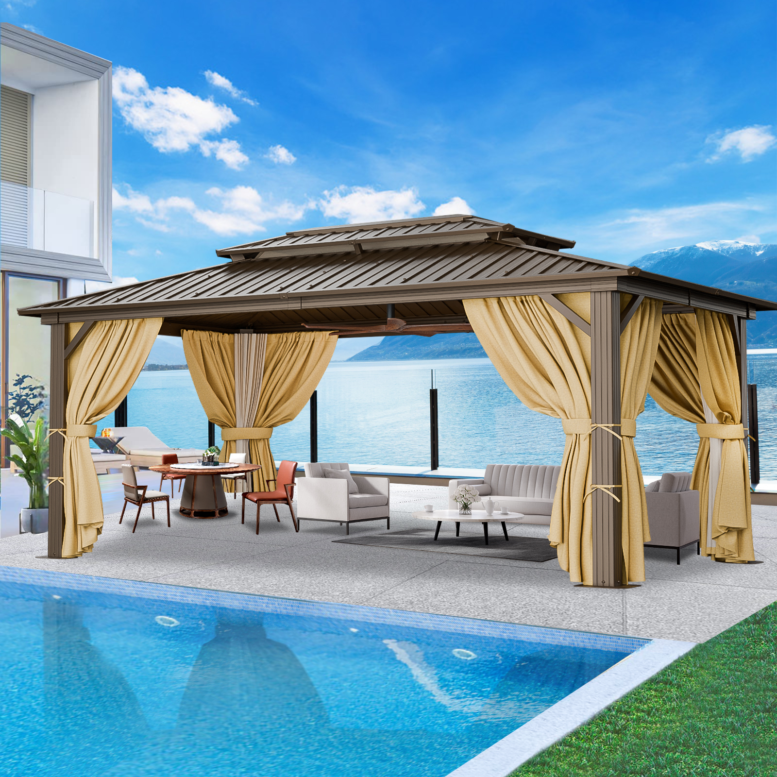 SANOPY 10x15 Hardtop Gazebo Aluminum Gazebos with Galvanized Steel Double Roof Metal Gazebo with Curtains and Netting Permanent Hardtop Gazebos Steel Gazebo for Backyard, Garden and Patio, Brown