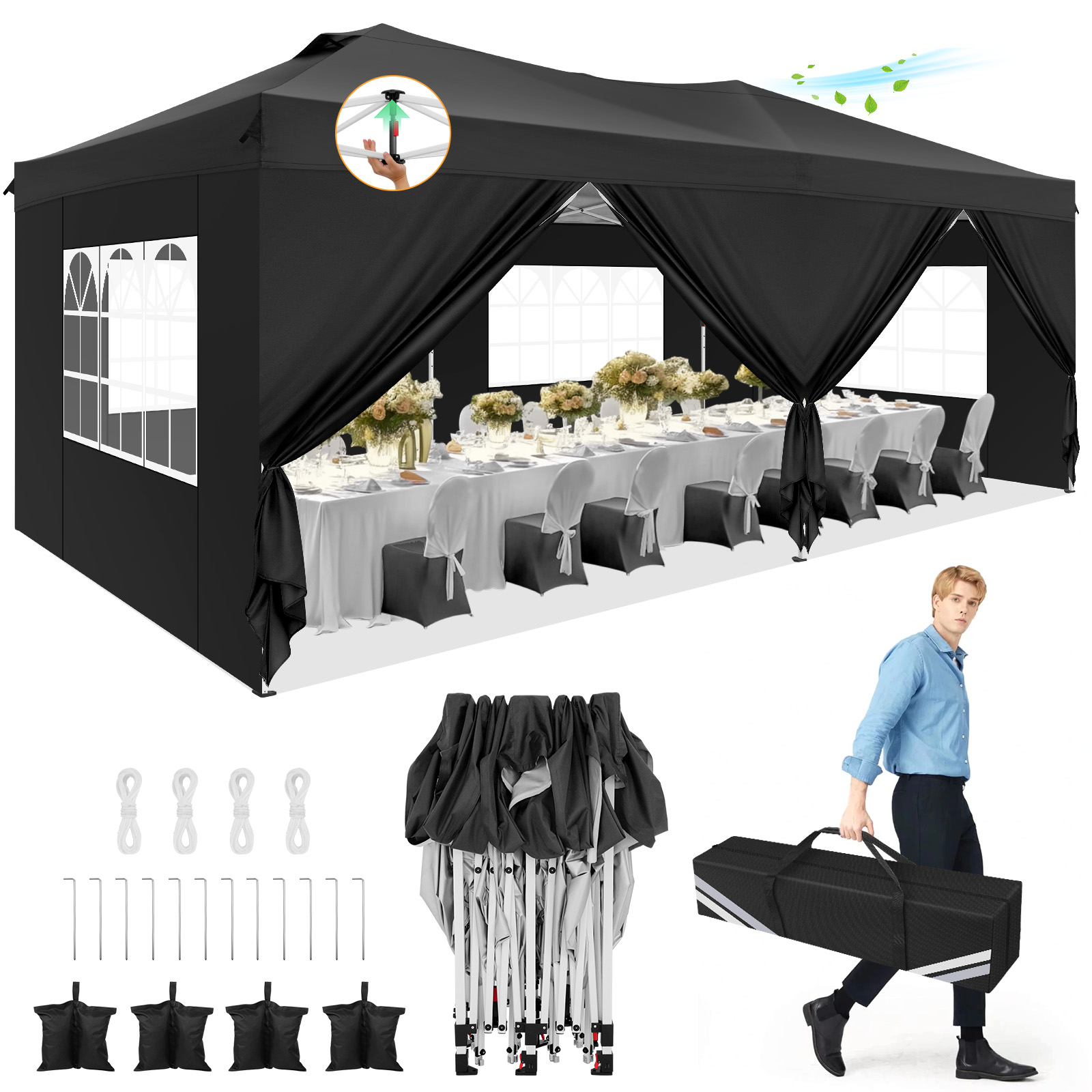 HOTEEL 10x20 Pop up Canopy Tent, Waterproof Commercial Tent with 6 Removable Sidewalls, Outdoor Sun Shelter Gazebo for Parties, Wedding, Camping, Courtyard