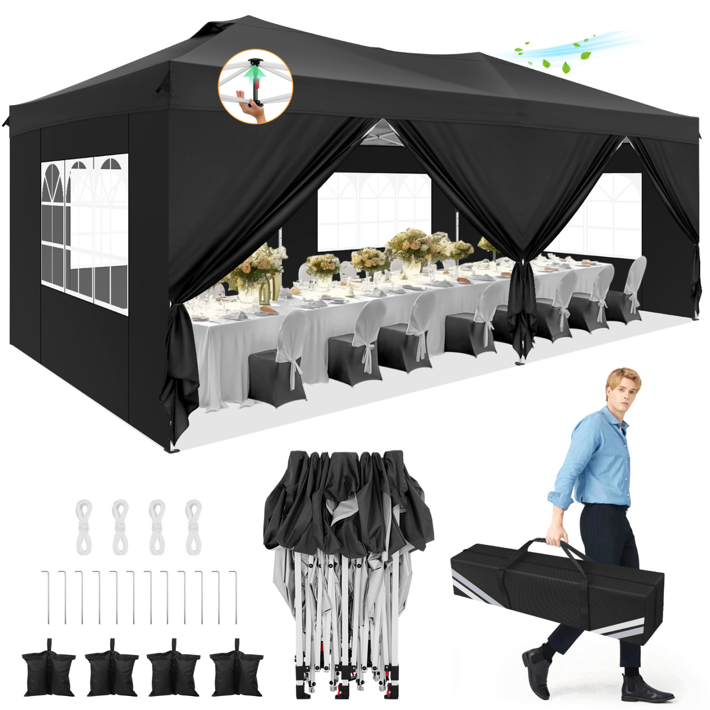 HOTEEL 10x20 Pop up Canopy Tent, Waterproof Commercial Tent with 6 Removable Sidewalls, Outdoor Sun Shelter Gazebo for Parties, Wedding, Camping, Courtyard