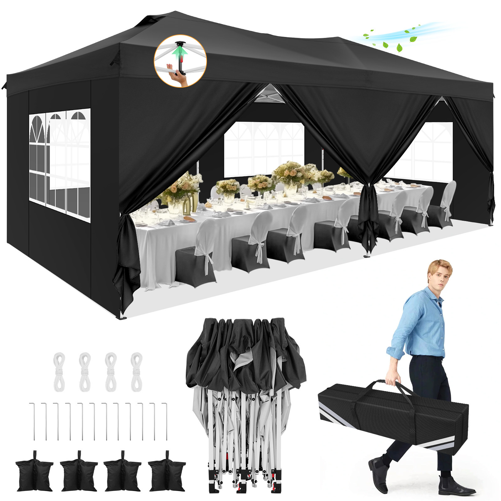 HOTEEL 10x20 Pop up Canopy Tent, Waterproof Commercial Tent with 6 Removable Sidewalls, Outdoor Sun Shelter Gazebo for Parties, Wedding, Camping, Courtyard