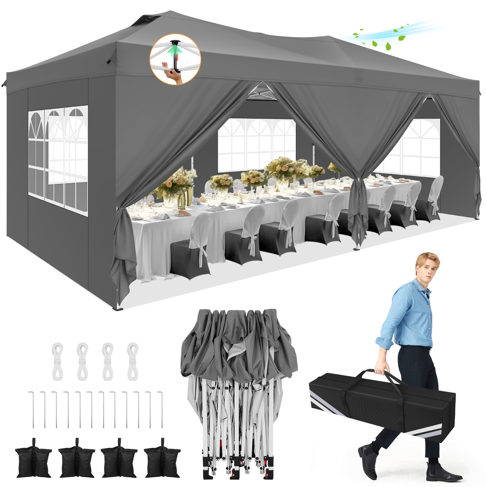 HOTEEL 10x20 Pop up Canopy Tent, Waterproof Commercial Tent with 6 Removable Sidewalls, Outdoor Sun Shelter Gazebo for Parties, Wedding, Camping, Courtyard