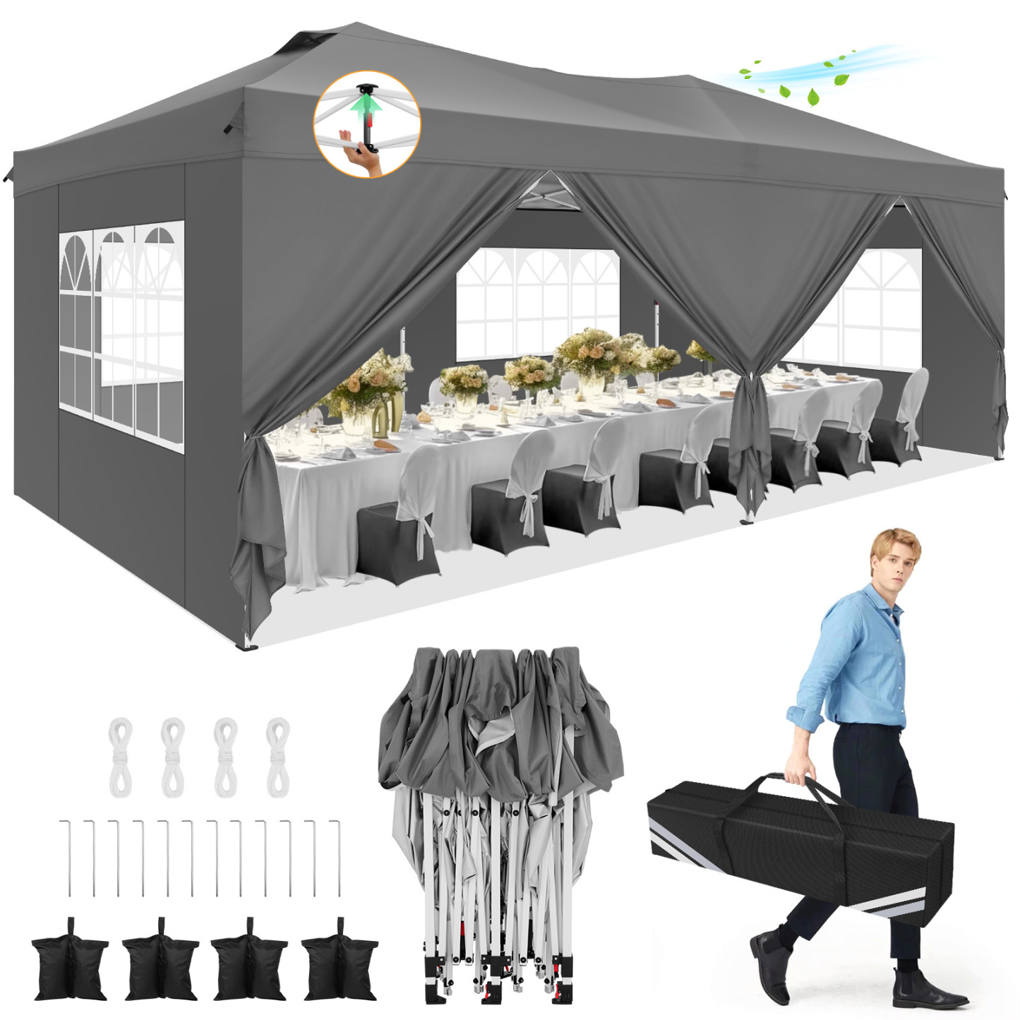 HOTEEL 10x20 Pop up Canopy Tent, Waterproof Commercial Tent with 6 Removable Sidewalls, Outdoor Sun Shelter Gazebo for Parties, Wedding, Camping, Courtyard