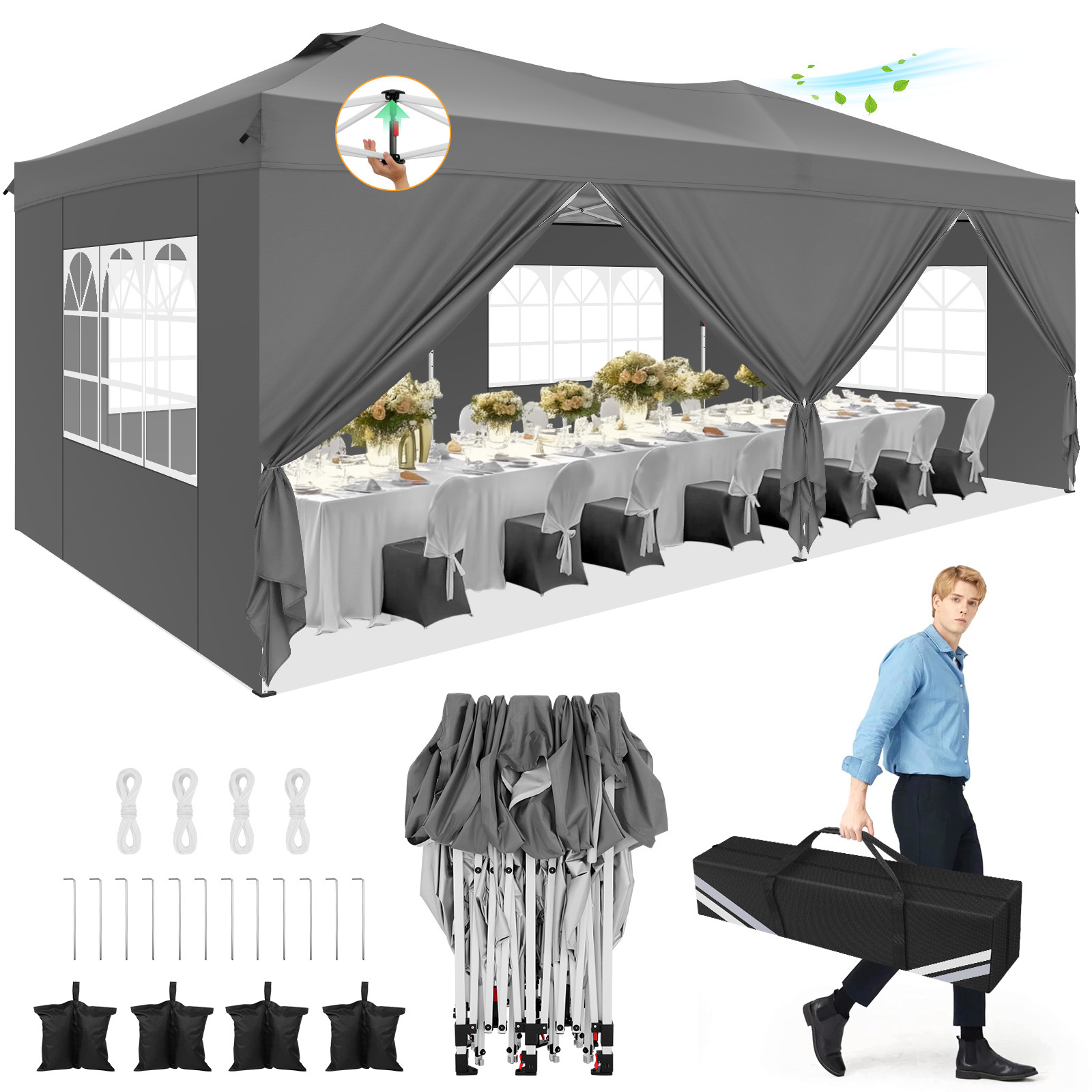 HOTEEL 10x20 Pop up Canopy Tent, Waterproof Commercial Tent with 6 Removable Sidewalls, Outdoor Sun Shelter Gazebo for Parties, Wedding, Camping, Courtyard