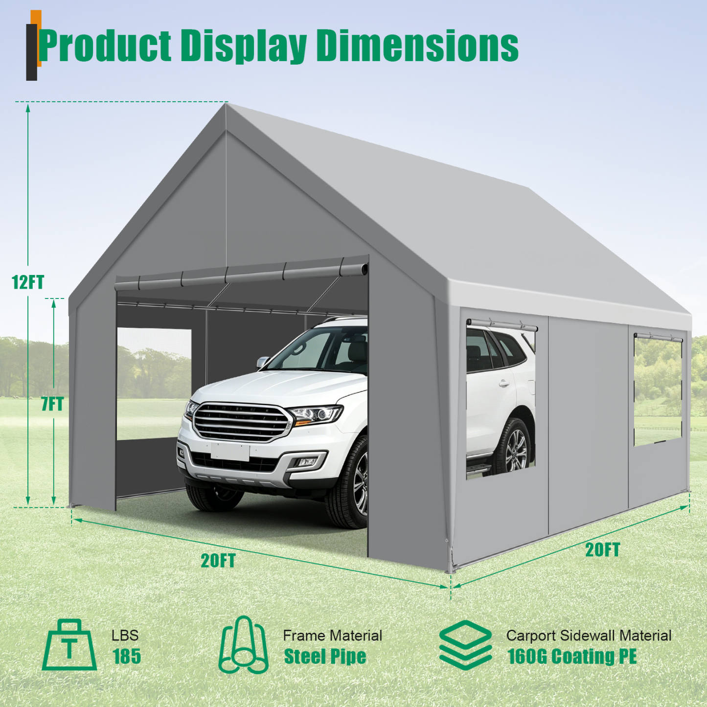 SANOPY Heavy Duty 20x20 ft Carport Portable Garage Car Canopy with Roll-Up Door & 4 Removable Sidewalls, 160G Waterproof Cover Outdoor Car Shelter for Car Truck Boat, Gray