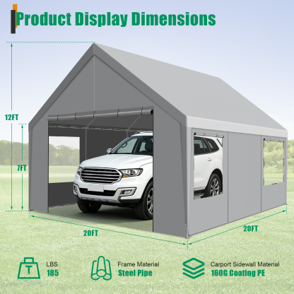 SANOPY Heavy Duty 20x20 ft Carport Portable Garage Car Canopy with Roll-Up Door & 4 Removable Sidewalls, 160G Waterproof Cover Outdoor Car Shelter for Car Truck Boat, Gray