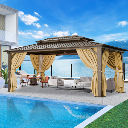 SANOPY 10x15 Hardtop Gazebo Aluminum Gazebos with Galvanized Steel Double Roof Metal Gazebo with Curtains and Netting Permanent Hardtop Gazebos Steel Gazebo for Backyard, Garden and Patio, Brown