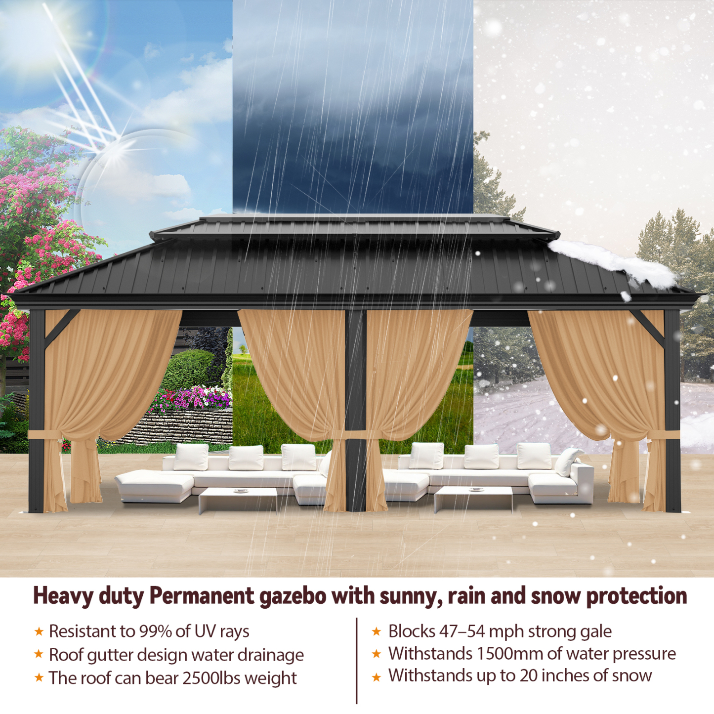 SANOPY 12x20 Hardtop Gazebo Aluminum Metal Gazebos Galvanized Steel Double Roof Permanent Hardtop Gazebo with Netting and Curtains Aluminum Frame Steel Gazebos for Deck, Lawns and Backyard, Brown