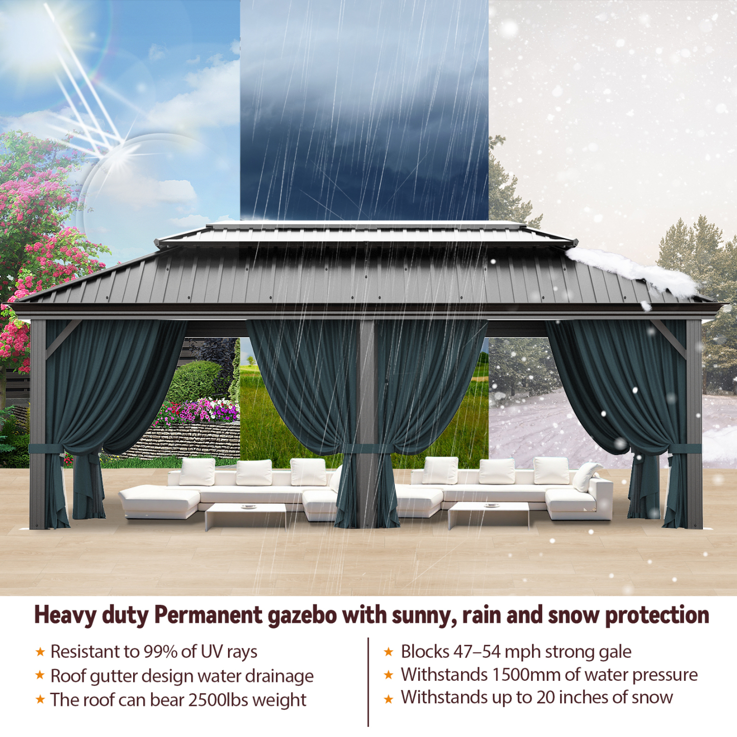 SANOPY 12x20 Hardtop Gazebo Aluminum Metal Gazebos Galvanized Steel Double Roof Permanent Hardtop Gazebo with Netting and Curtains Aluminum Frame Steel Gazebos for Deck, Lawns and Backyard, Black