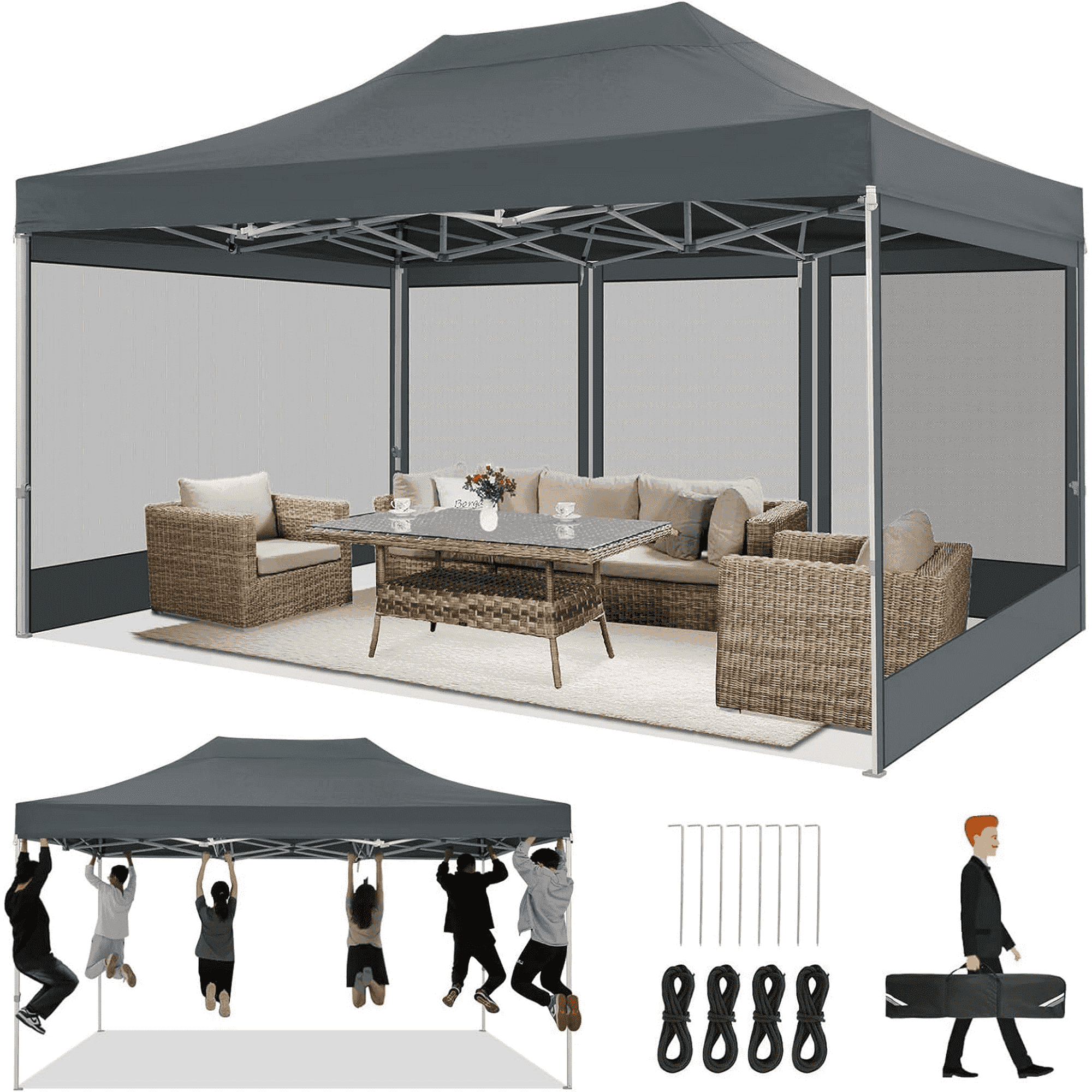 HOTEEL 10x15 Heavy Duty Canopy Tent, Pop up Gazebo with Netting Screened ,Waterproof Ez up Canopy with Sidewalls, Outdoor Instant Party Tent for Backyard, Khaki