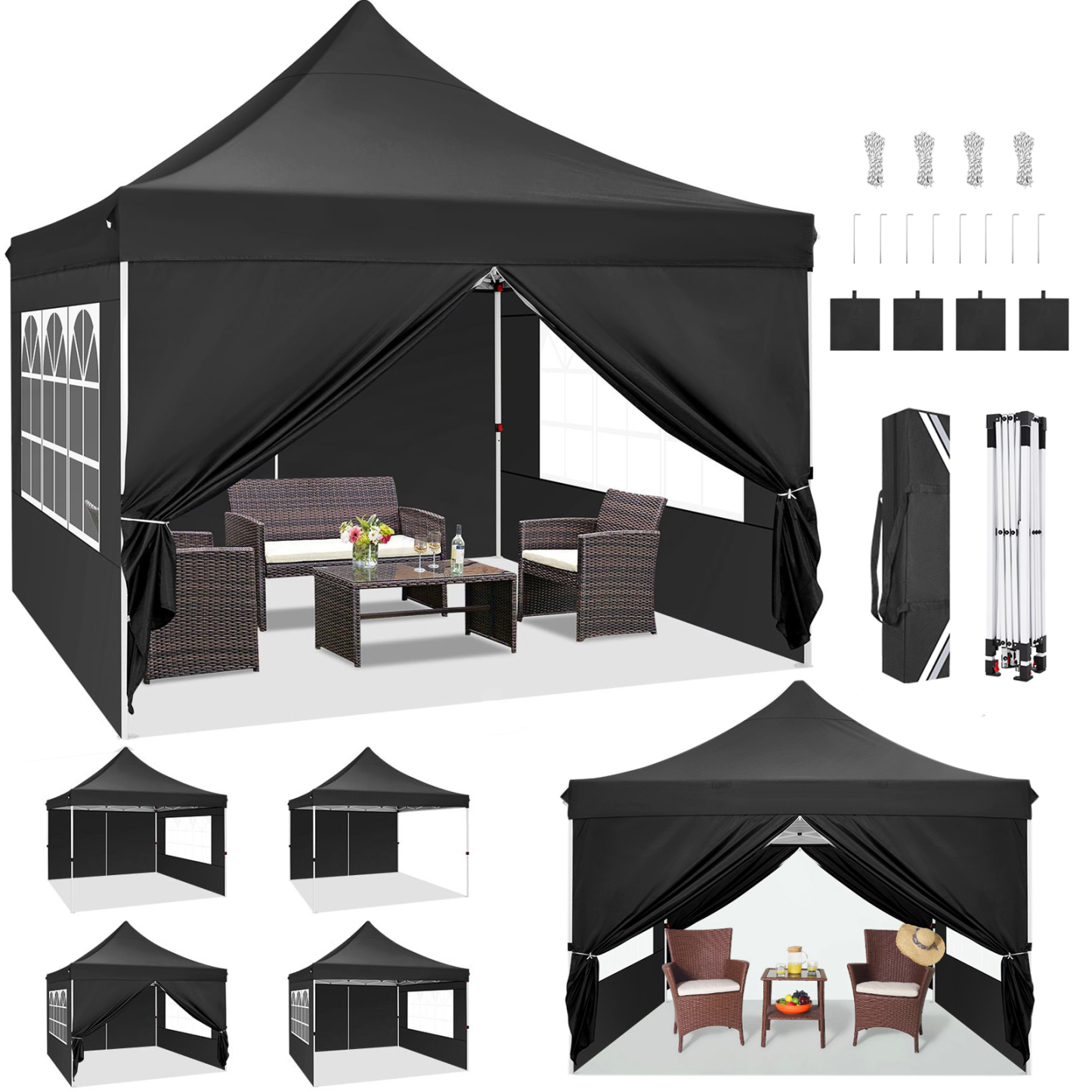 Hoteel 10x10 Pop Up Canopy Tent with 3 Sidewalls, Commercial Party Tent Ez Waterproof Outdoor Instant Gazebo UV 50+ Event Shelter, Garden Tents for Parties Camping with Sandbags & Cover Bag