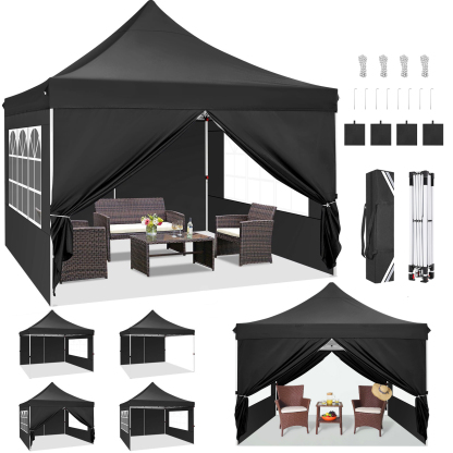 Hoteel 10x10 Pop Up Canopy Tent with 3 Sidewalls, Commercial Party Tent Ez Waterproof Outdoor Instant Gazebo UV 50+ Event Shelter, Garden Tents for Parties Camping with Sandbags & Cover Bag