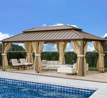 HOTEEL Hardtop Gazebo, Outdoor Steel Double Galvanized Roof Canopy, Aluminum Frame Permanent Pavilion Metal Gazebo with Curtains and Netting, Sunshade for Patios, Gardens, Lawns