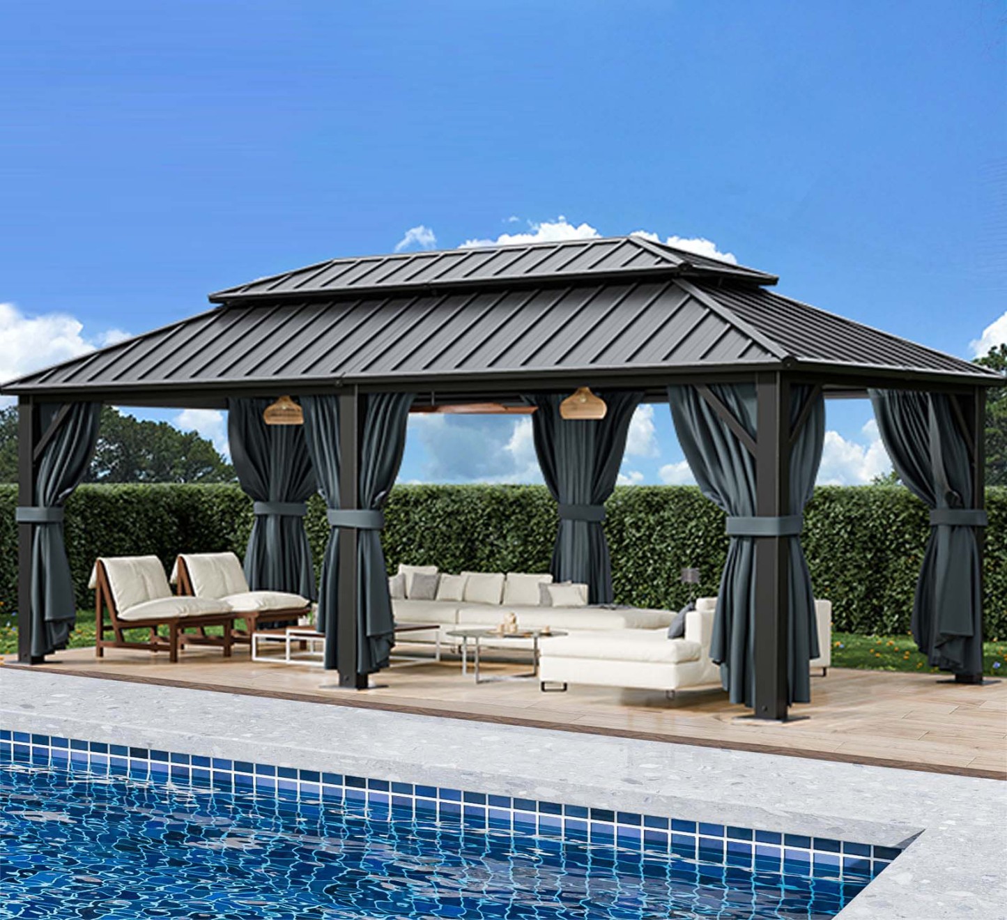 HOTEEL Hardtop Gazebo, Outdoor Steel Double Galvanized Roof Canopy, Aluminum Frame Permanent Pavilion Metal Gazebo with Curtains and Netting, Sunshade for Patios, Gardens, Lawns