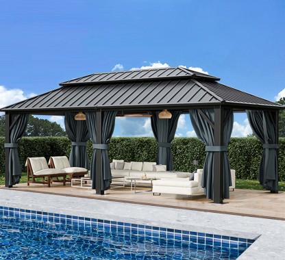 HOTEEL Hardtop Gazebo, Outdoor Steel Double Galvanized Roof Canopy, Aluminum Frame Permanent Pavilion Metal Gazebo with Curtains and Netting, Sunshade for Patios, Gardens, Lawns