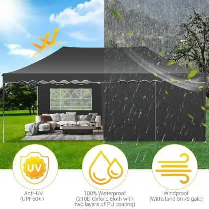 SANOPY 10' x 20' Pop up Canopy Party Tent with 6 Removable Sidewalls, Wave Eave Outdoor Waterproof Patio Gazebo Tent with Carry Bag, Backyards Camping Picnics, Black