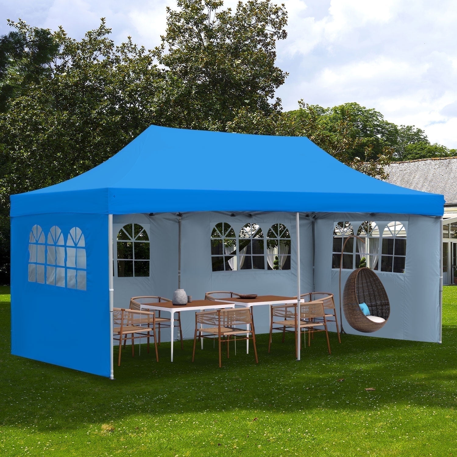 Outdoor Basic 10' x 20' Pop up Canopy Tent, Instant Heavy Duty Gazebo Tent with 4 Sidewalls/Wheeled Bag for Party Commercial Activity,Blue