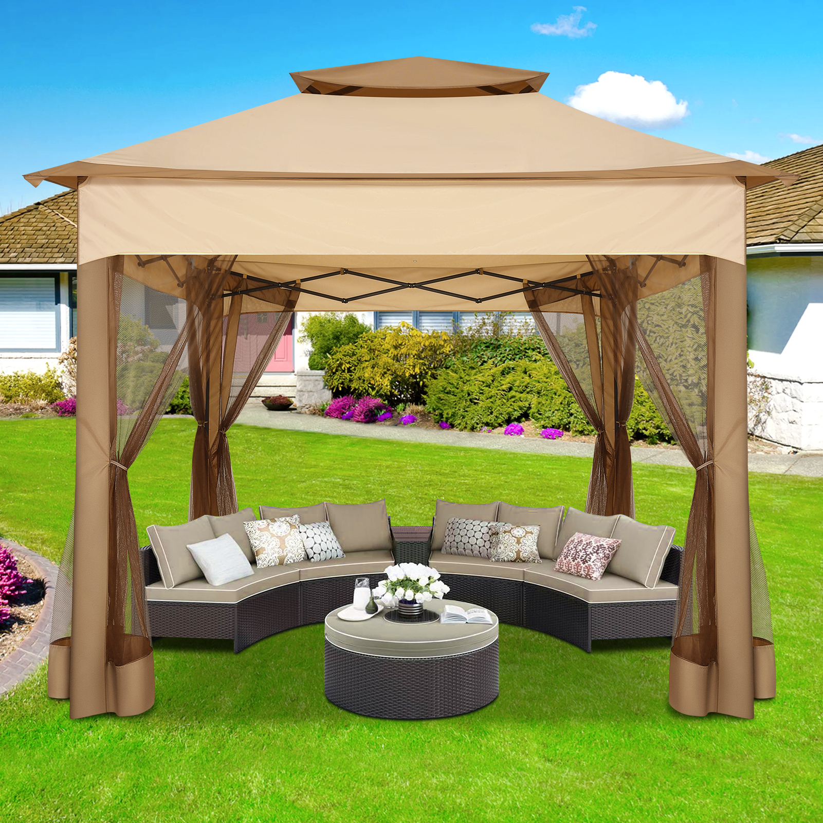 SANOPY 11'x 11' Pop up Gazebo with 4 Mosquito Netting, Outdoor Canopy Tent with Double Roof Tops and 121 Square ft of Shade for Patio, Garden, Camping Shelter, Khaki