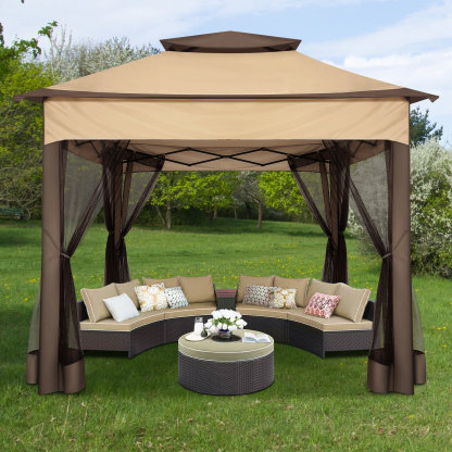 SANOPY 11'x 11' Pop up Gazebo with 4 Mosquito Netting, Outdoor Canopy Tent with Double Roof Tops and 121 Square ft of Shade for Patio, Garden, Camping Shelter, Dark Brown