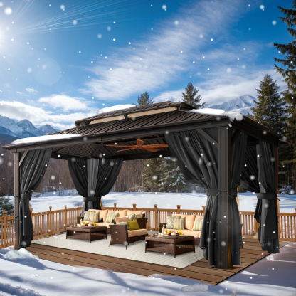 SANOPY 10x15 Hardtop Gazebo Aluminum Gazebos with Galvanized Steel Double Roof Metal Gazebo with Curtains and Netting Permanent Hardtop Gazebos Steel Gazebo for Backyard, Garden and Patio, Black