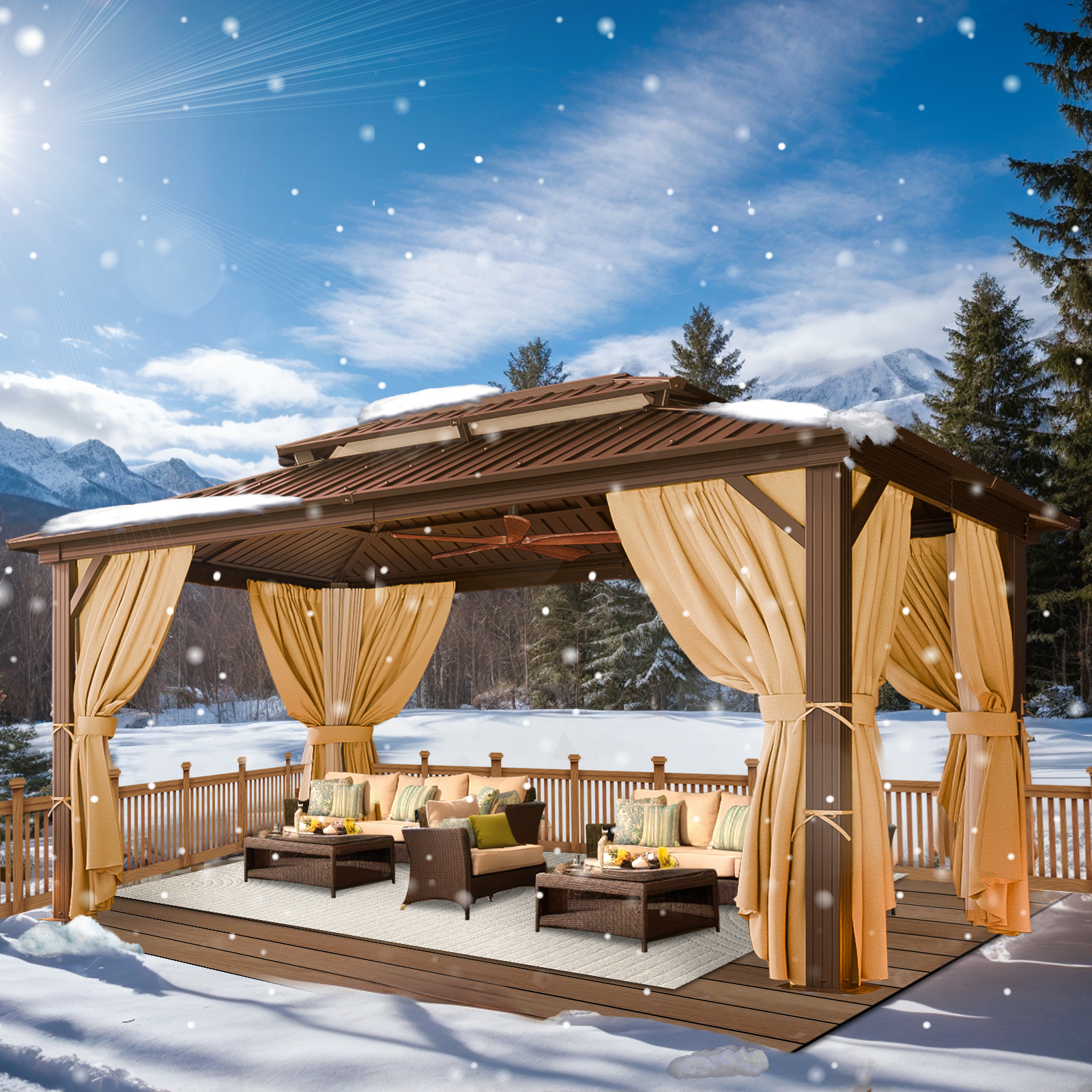 SANOPY 10x15 Hardtop Gazebo Aluminum Gazebos with Galvanized Steel Double Roof Metal Gazebo with Curtains and Netting Permanent Hardtop Gazebos Steel Gazebo for Backyard, Garden and Patio, Brown