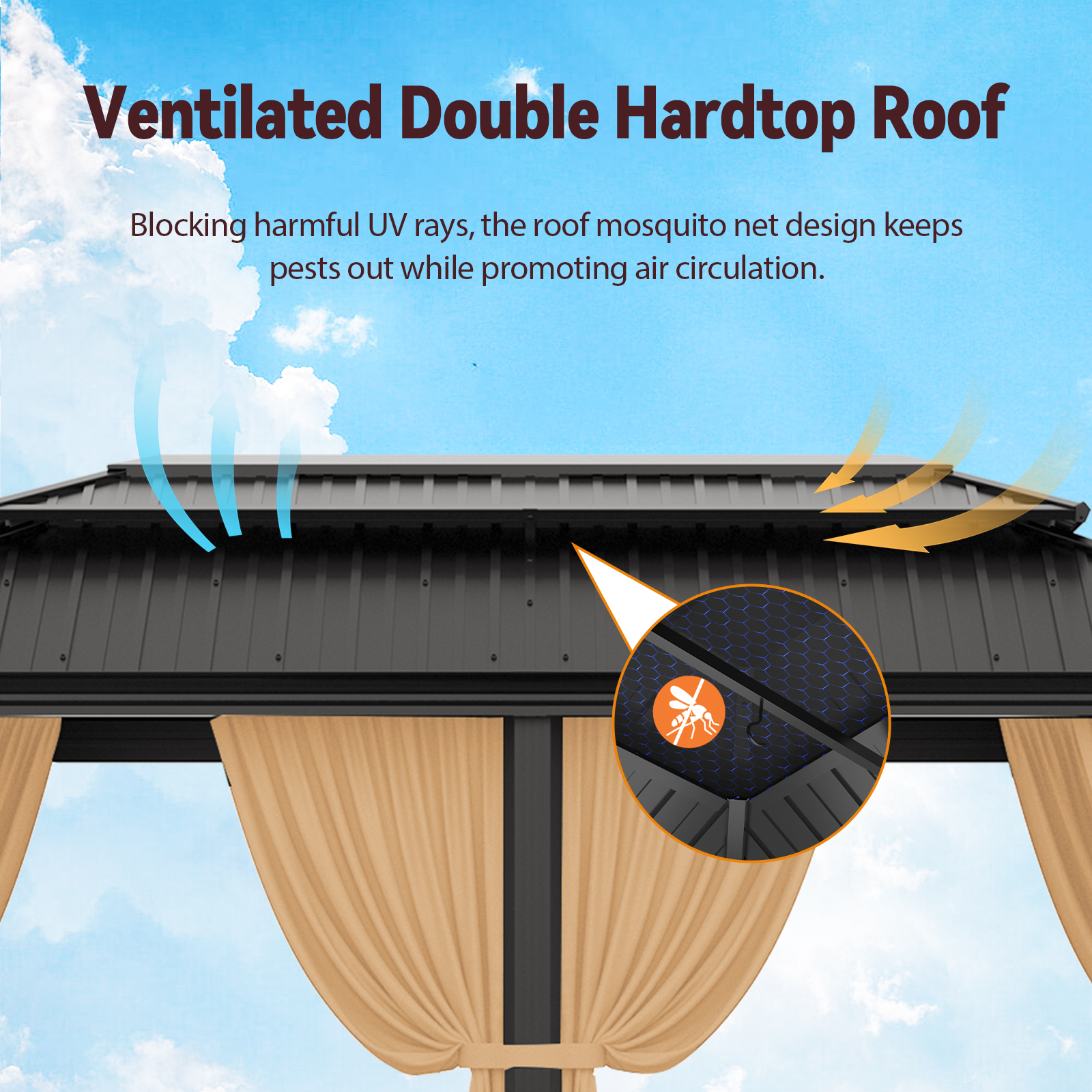 SANOPY 12x20 Hardtop Gazebo Aluminum Metal Gazebos Galvanized Steel Double Roof Permanent Hardtop Gazebo with Netting and Curtains Aluminum Frame Steel Gazebos for Deck, Lawns and Backyard, Brown