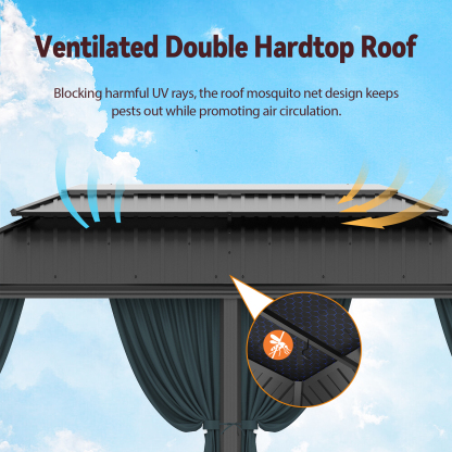 SANOPY 12x20 Hardtop Gazebo Aluminum Metal Gazebos Galvanized Steel Double Roof Permanent Hardtop Gazebo with Netting and Curtains Aluminum Frame Steel Gazebos for Deck, Lawns and Backyard, Black