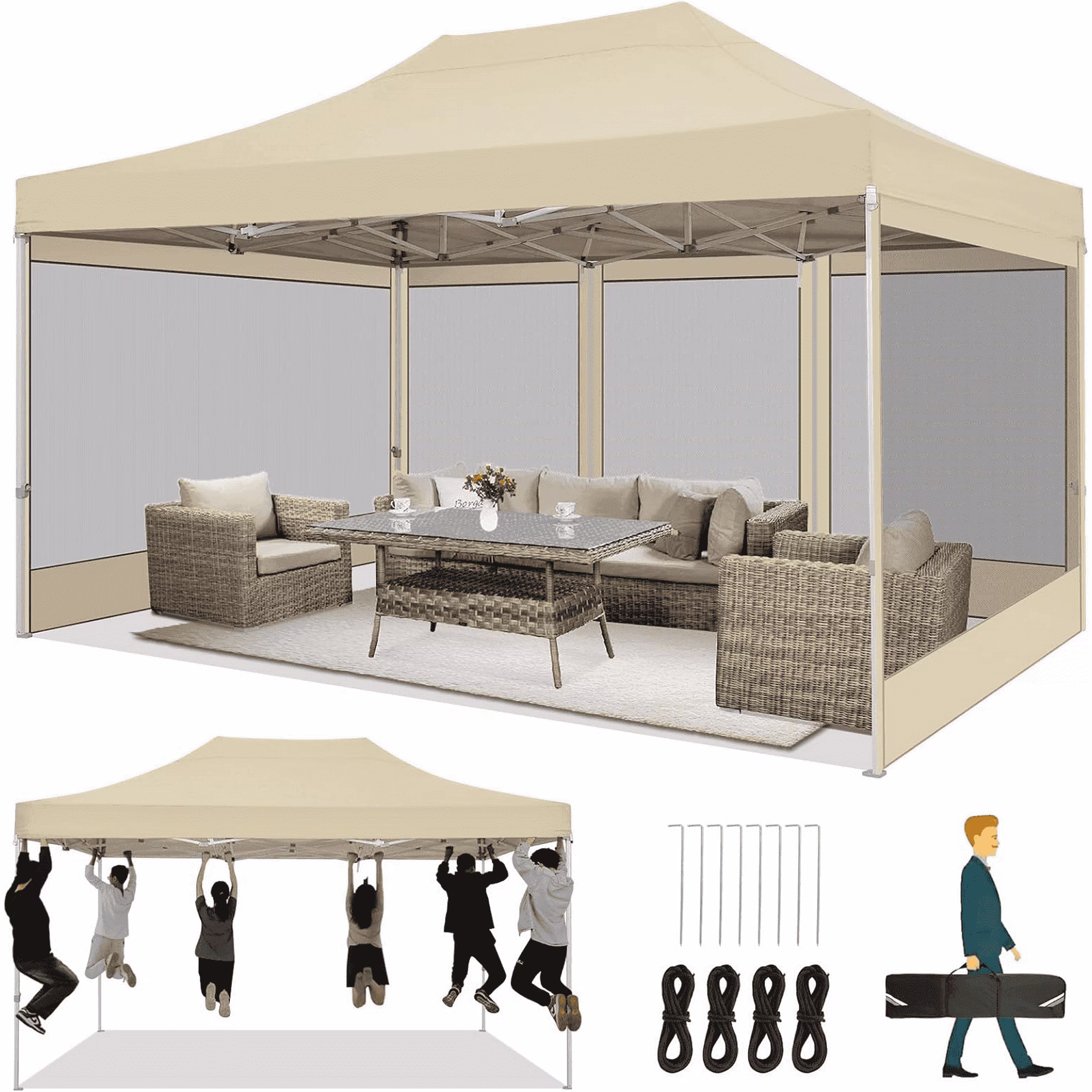 HOTEEL 10x15 Heavy Duty Canopy Tent, Pop up Gazebo with Netting Screened ,Waterproof Ez up Canopy with Sidewalls, Outdoor Instant Party Tent for Backyard, Khaki