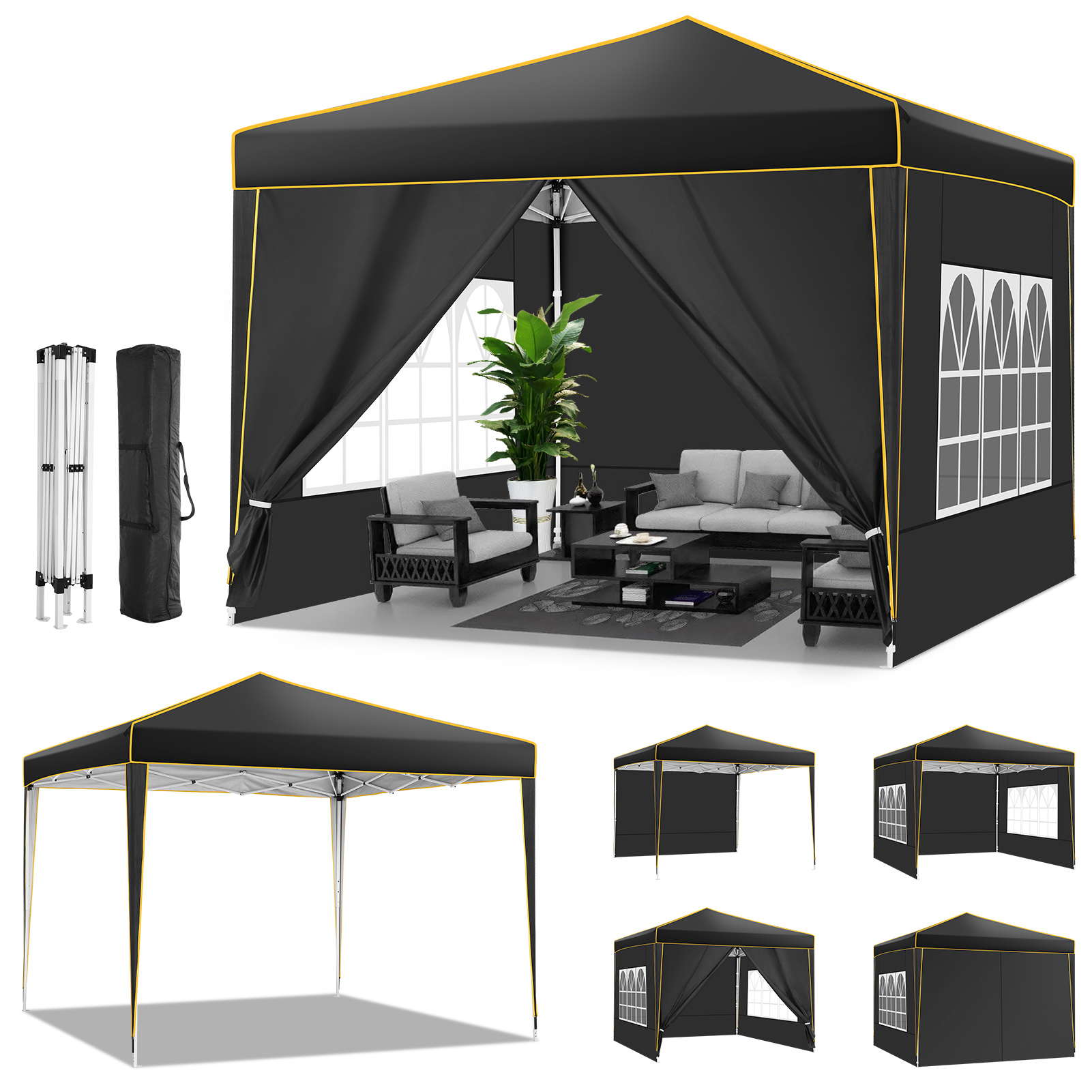 SANOPY 10' x 10' Pop up Canopy Tent, Canopy Shelter with 4 Removable Sidewalls and Sandbags, Outdoor Party Tent with Carry Bag for Backyard, Black