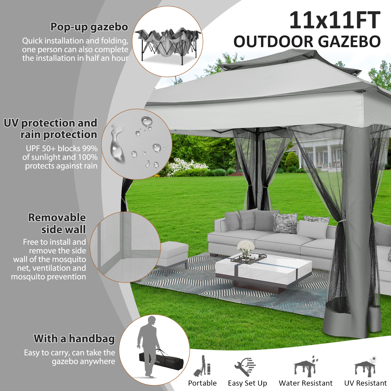 SANOPY 11'x 11' Pop up Gazebo with 4 Mosquito Netting, Outdoor Canopy Tent with Double Roof Tops and 121 Square ft of Shade for Patio, Garden, Camping Shelter, Gray