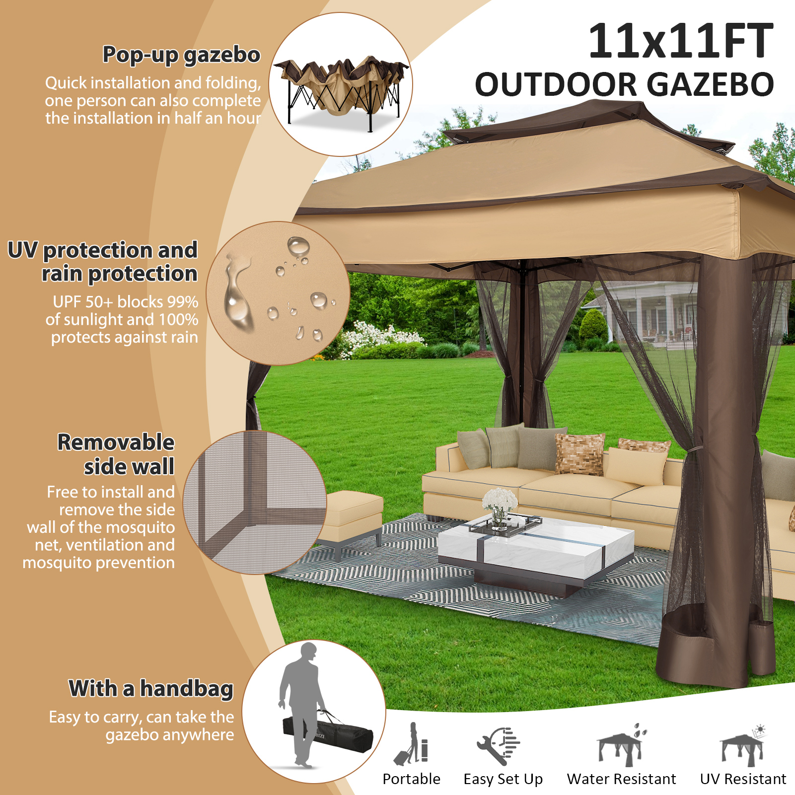 SANOPY 11'x 11' Pop up Gazebo with 4 Mosquito Netting, Outdoor Canopy Tent with Double Roof Tops and 121 Square ft of Shade for Patio, Garden, Camping Shelter, Dark Brown