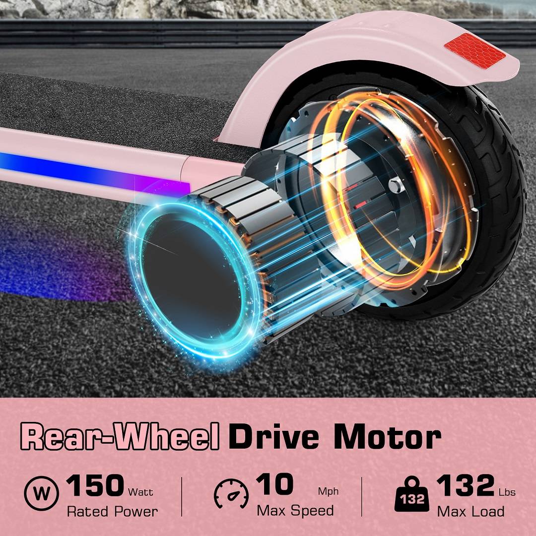 SANOPY Electric Scooter for Kids Ages 6-14, Adjustable Speed & Height, Colorful Lights, LED Display, 150W Motor, up to 10 mph, 80 Mins Ride Time, Pink