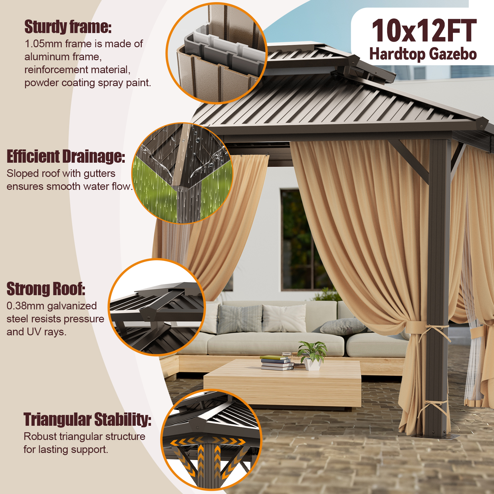 SANOPY 10x12 Hardtop Gazebo Aluminum Gazebos with Galvanized Steel Double Roof Metal Gazebo with Curtains and Netting Permanent Steel Gazebo for Backyard, Garden and Patio, Brown