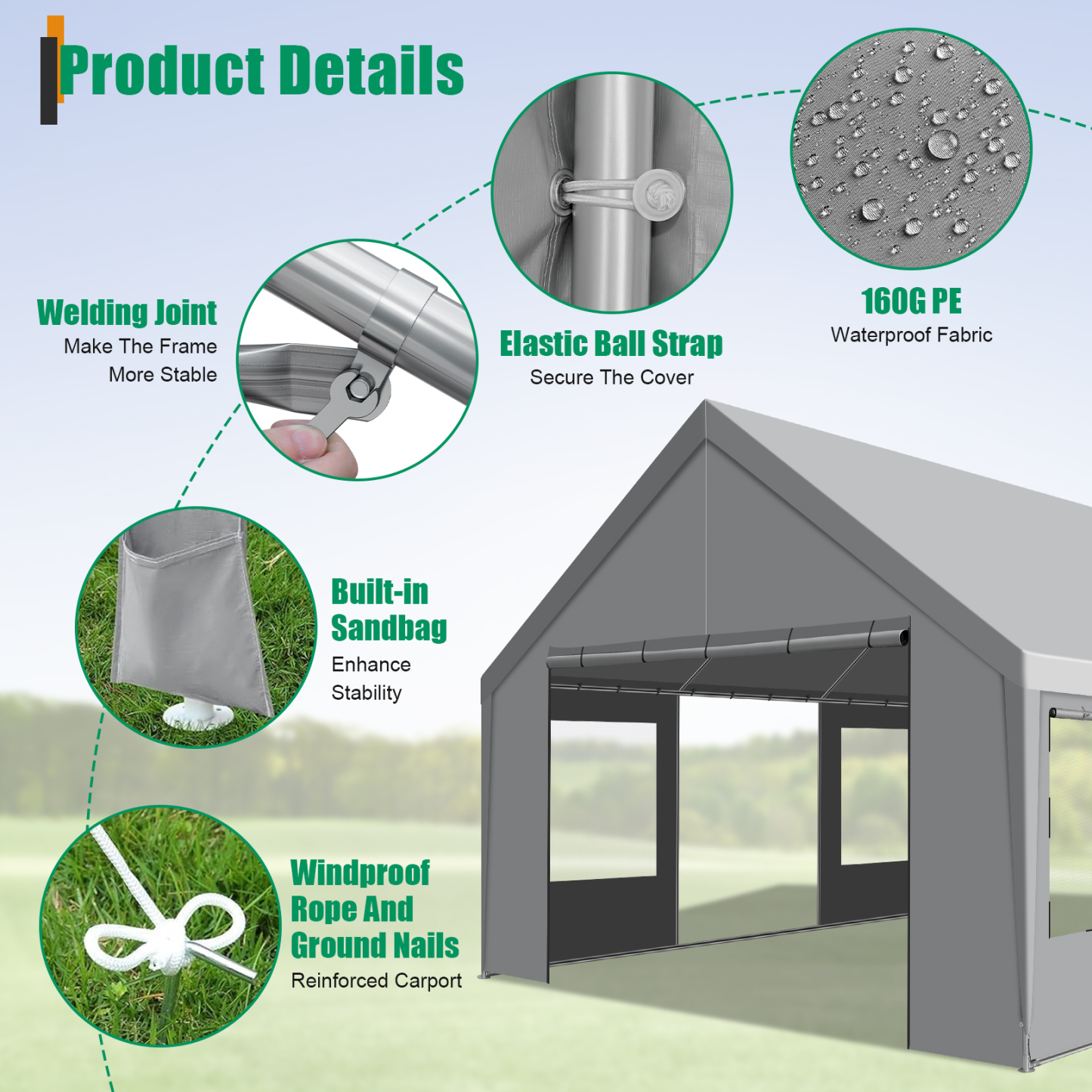 SANOPY Heavy Duty 20x20 ft Carport Portable Garage Car Canopy with Roll-Up Door & 4 Removable Sidewalls, 160G Waterproof Cover Outdoor Car Shelter for Car Truck Boat, Gray