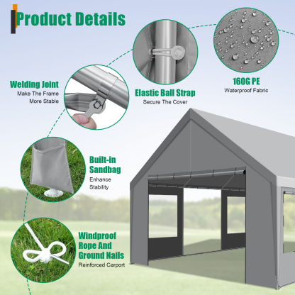 SANOPY Heavy Duty 20x20 ft Carport Portable Garage Car Canopy with Roll-Up Door & 4 Removable Sidewalls, 160G Waterproof Cover Outdoor Car Shelter for Car Truck Boat, Gray