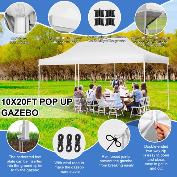 SANOPY 10x20 FT Heavy Duty Pop up Canopy Tent with 4 Mosquito Netting Sidewalls, Quick Setup Outdoor Gazebo Shelter for Parties, Backyard Events, Camping & Beach with Carry Bag, White