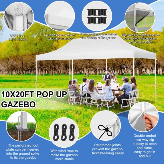SANOPY 10x20 FT Heavy Duty Pop up Canopy Tent with 4 Mosquito Netting Sidewalls, Quick Setup Outdoor Gazebo Shelter for Parties, Backyard Events, Camping & Beach with Carry Bag, White