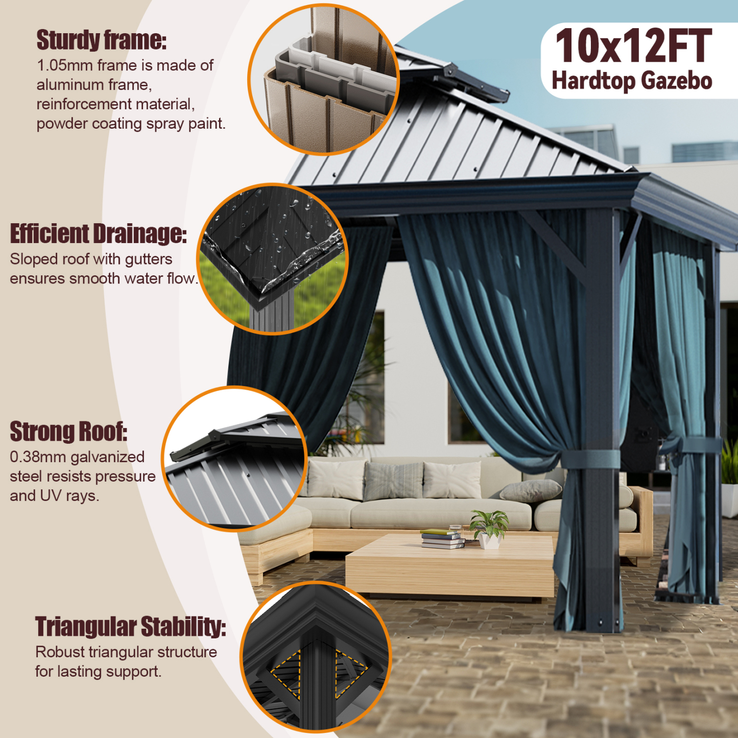 SANOPY 10x12 Hardtop Gazebo Aluminum Gazebos with Galvanized Steel Double Roof Metal Gazebo with Curtains and Netting Permanent Steel Gazebo for Backyard, Garden and Patio, Black