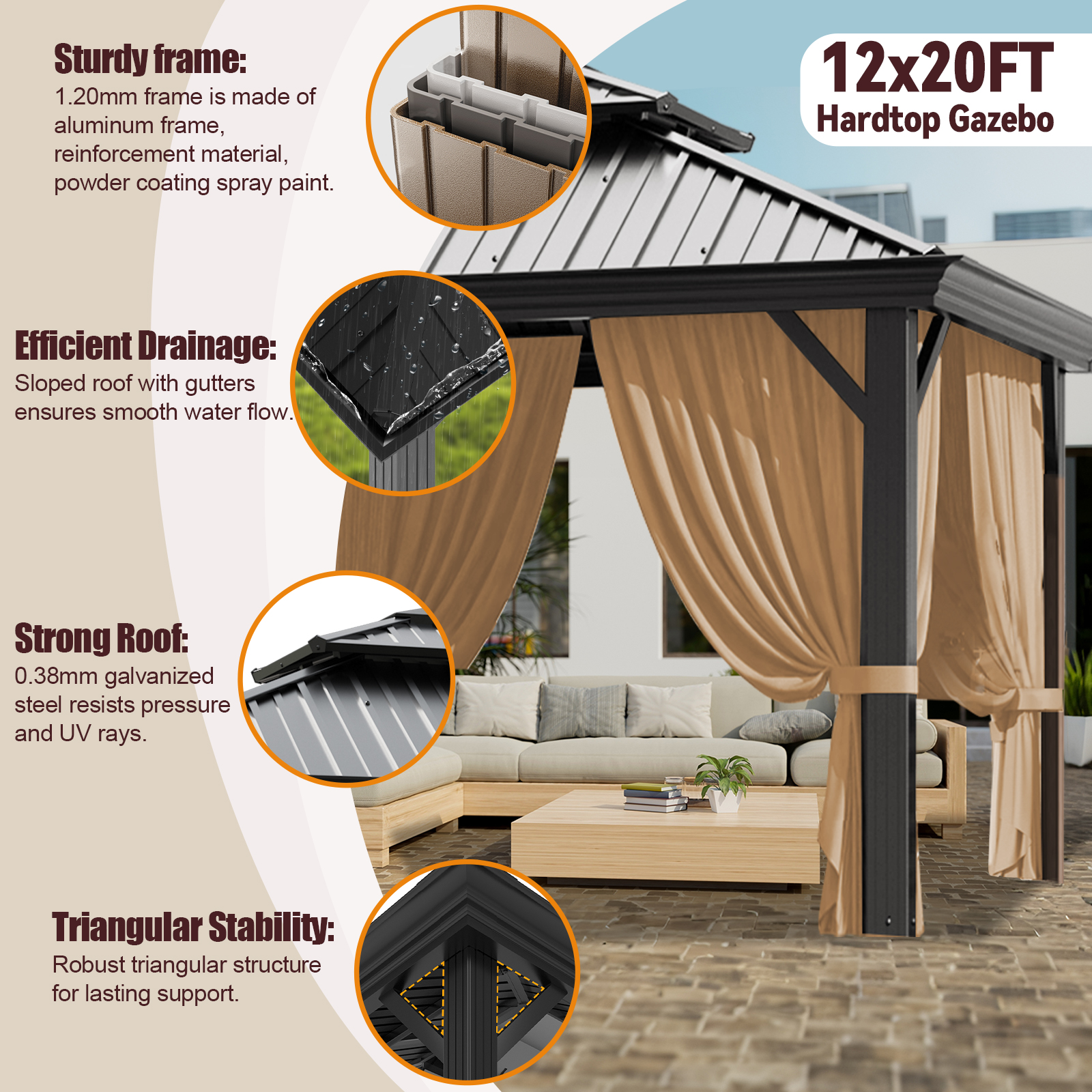SANOPY 12x20 Hardtop Gazebo Aluminum Metal Gazebos Galvanized Steel Double Roof Permanent Hardtop Gazebo with Netting and Curtains Aluminum Frame Steel Gazebos for Deck, Lawns and Backyard, Brown
