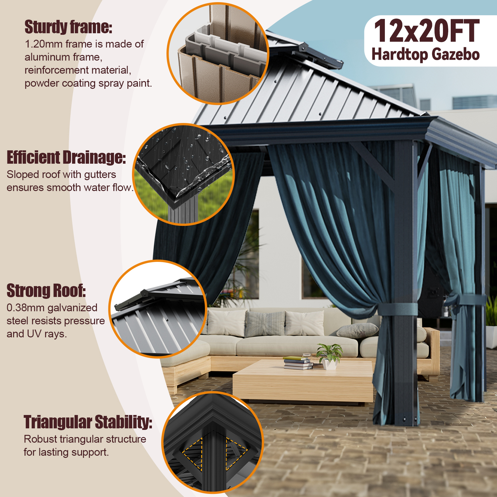 SANOPY 12x20 Hardtop Gazebo Aluminum Metal Gazebos Galvanized Steel Double Roof Permanent Hardtop Gazebo with Netting and Curtains Aluminum Frame Steel Gazebos for Deck, Lawns and Backyard, Black