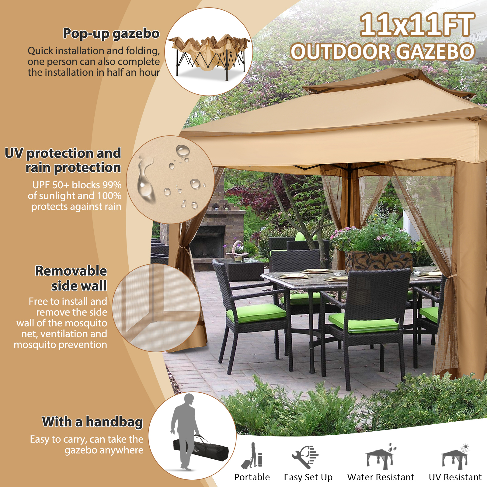 SANOPY 11'x 11' Pop up Gazebo with 4 Mosquito Netting, Outdoor Canopy Tent with Double Roof Tops and 121 Square ft of Shade for Patio, Garden, Camping Shelter, Khaki
