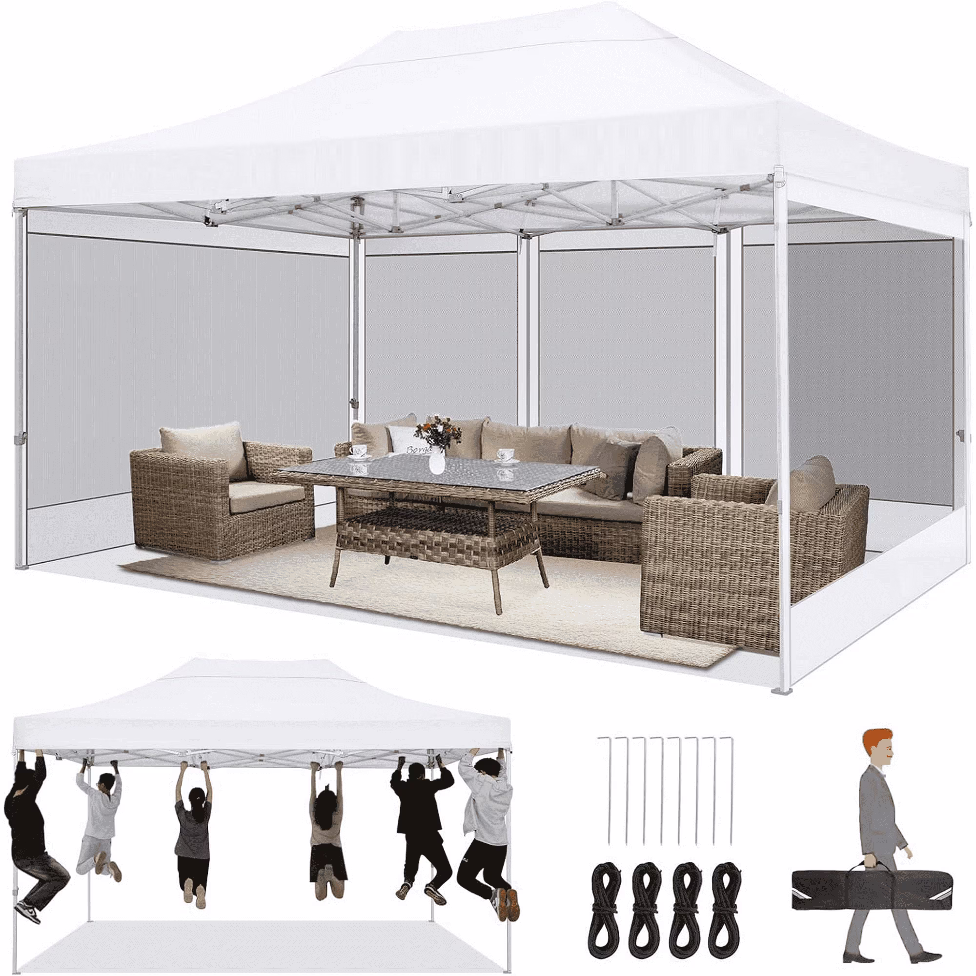 HOTEEL 10x15 Heavy Duty Canopy Tent, Pop up Gazebo with Netting Screened ,Waterproof Ez up Canopy with Sidewalls, Outdoor Instant Party Tent for Backyard, Khaki