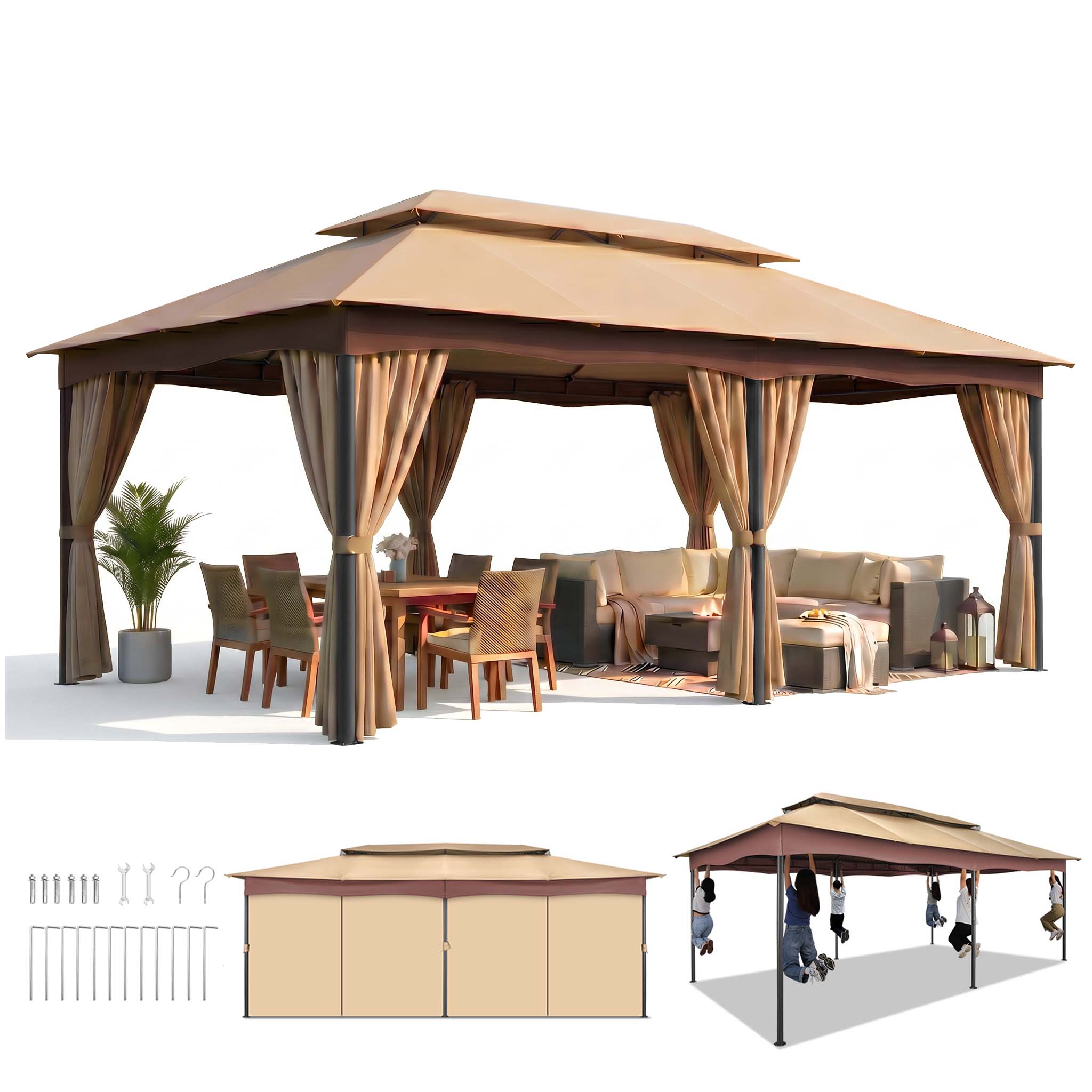 HOTEEL 10x10 Gazebos for Patios, Canopy Tent Outdoor Gazebo Backyard Gazebo Patio with Mosquito Netting and Double Roof for Party, Wedding, BBQ and Event,