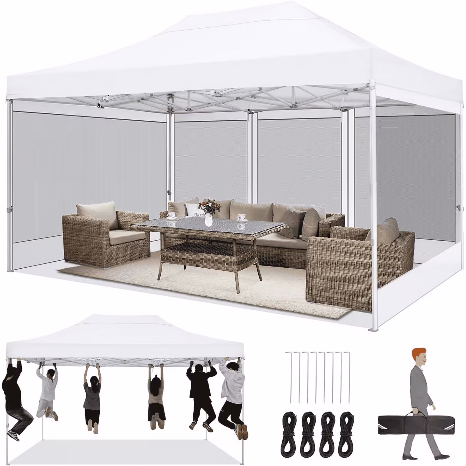 HOTEEL 10x15 Heavy Duty Canopy Tent, Pop up Gazebo with Netting Screened ,Waterproof Ez up Canopy with Sidewalls, Outdoor Instant Party Tent for Backyard, Khaki