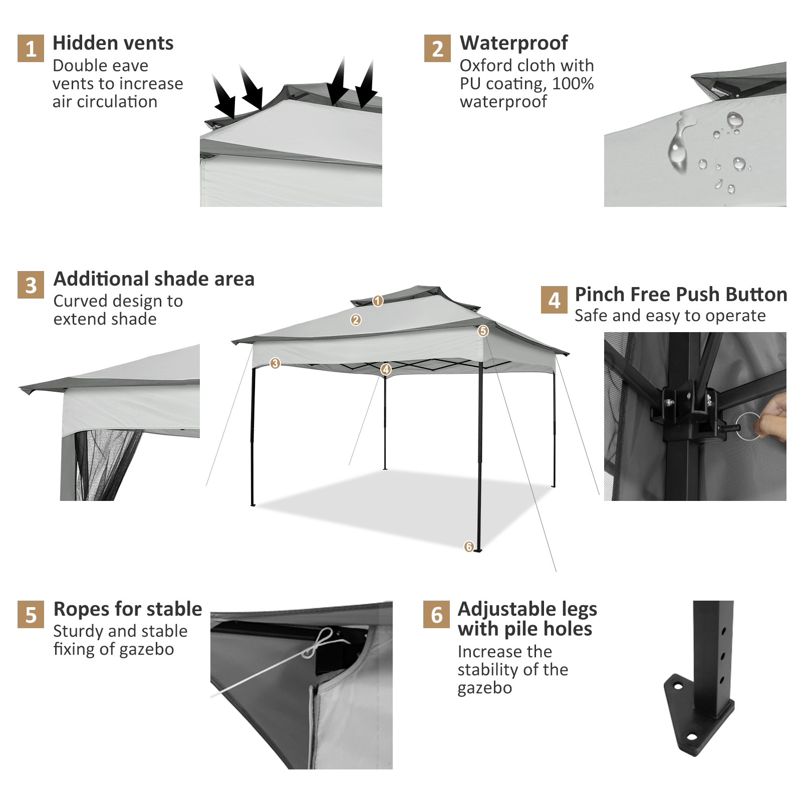 SANOPY 11'x 11' Pop up Gazebo with 4 Mosquito Netting, Outdoor Canopy Tent with Double Roof Tops and 121 Square ft of Shade for Patio, Garden, Camping Shelter, Gray