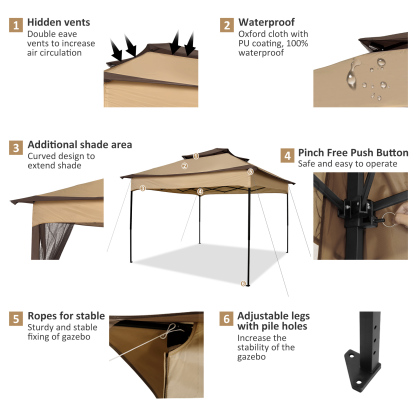 SANOPY 11'x 11' Pop up Gazebo with 4 Mosquito Netting, Outdoor Canopy Tent with Double Roof Tops and 121 Square ft of Shade for Patio, Garden, Camping Shelter, Dark Brown