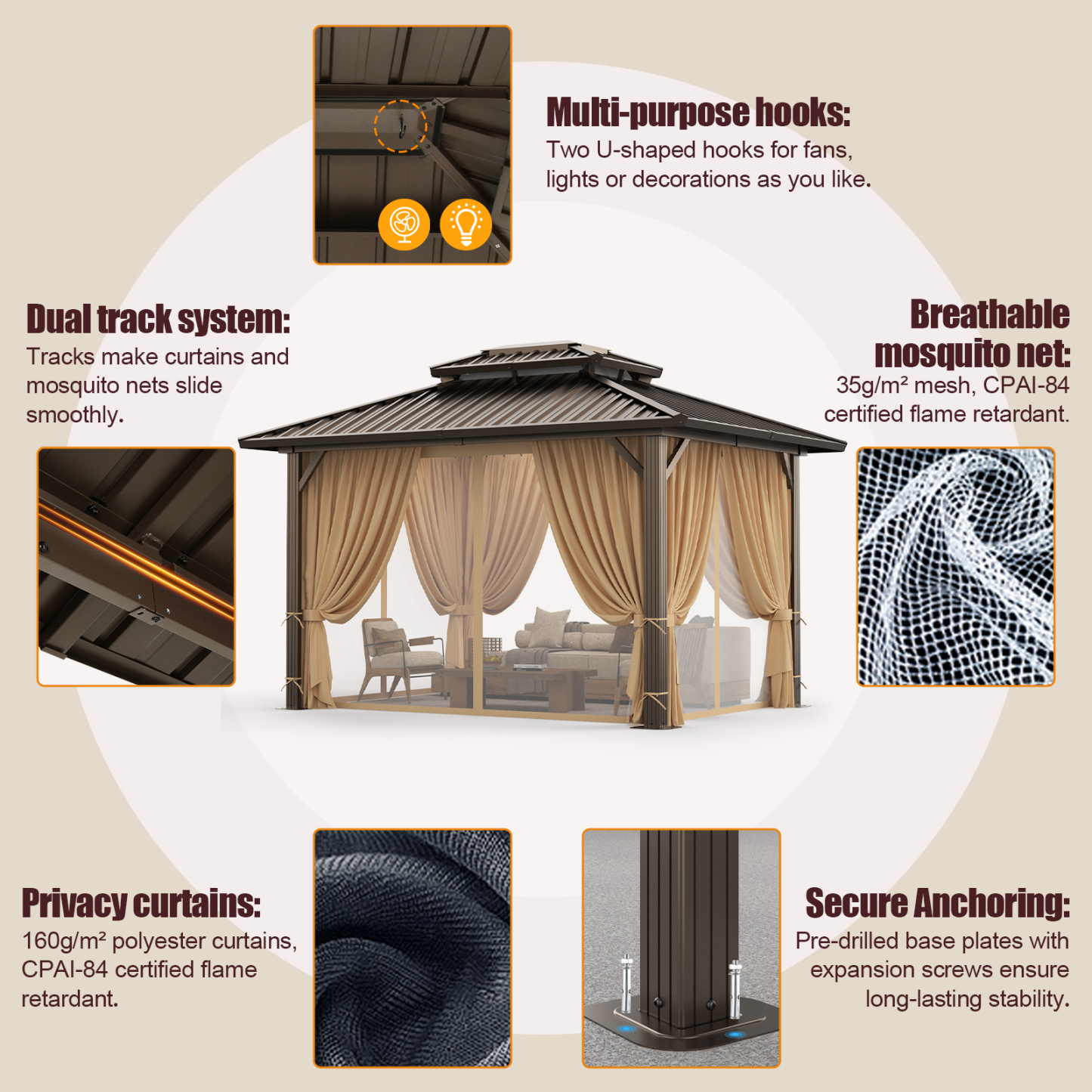 SANOPY 10x12 Hardtop Gazebo Aluminum Gazebos with Galvanized Steel Double Roof Metal Gazebo with Curtains and Netting Permanent Steel Gazebo for Backyard, Garden and Patio, Brown