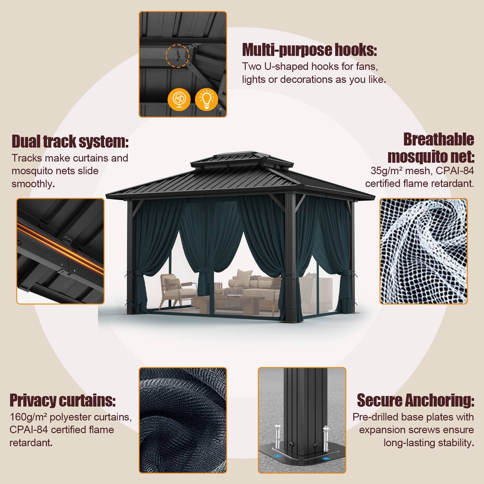 SANOPY 10x12 Hardtop Gazebo Aluminum Gazebos with Galvanized Steel Double Roof Metal Gazebo with Curtains and Netting Permanent Steel Gazebo for Backyard, Garden and Patio, Black