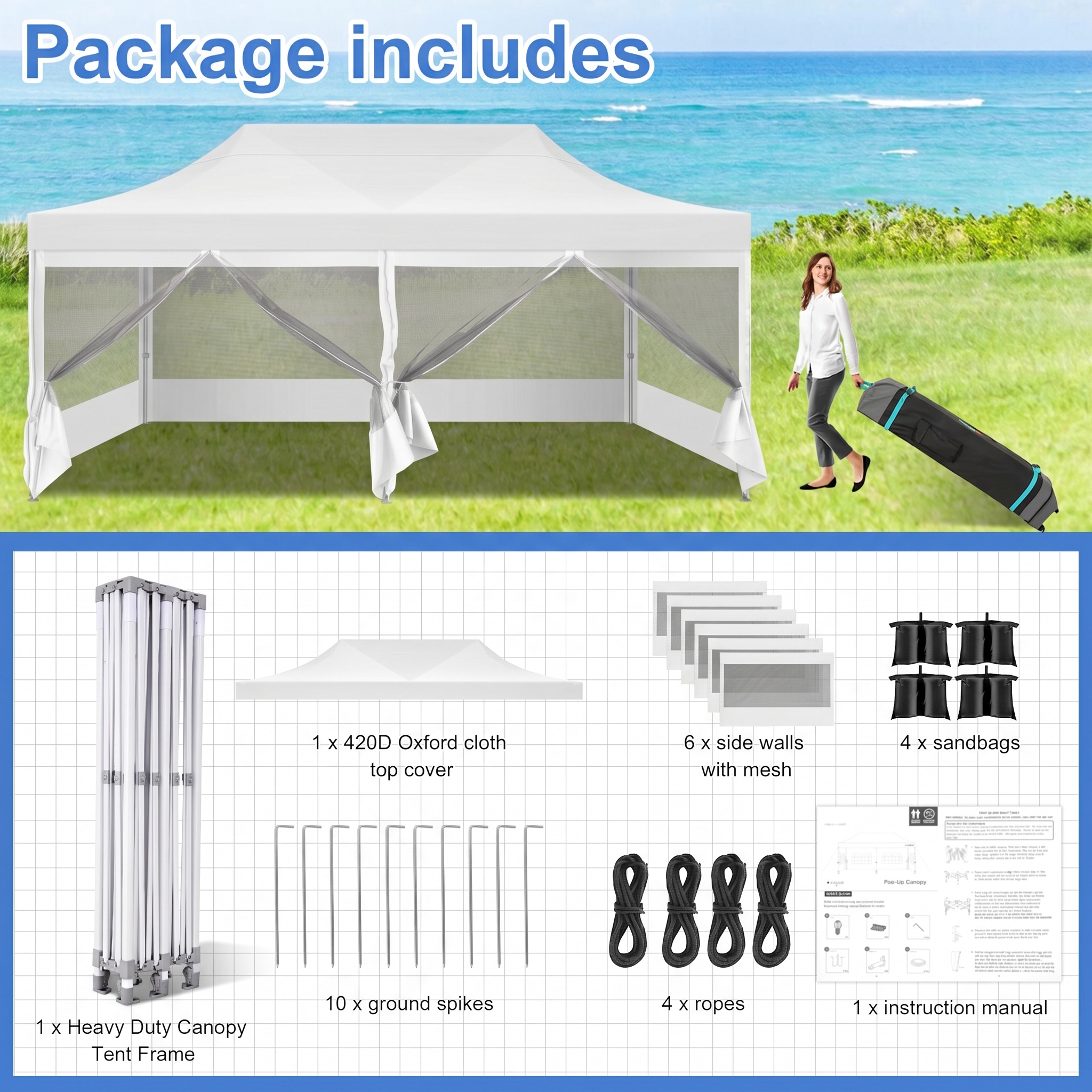 SANOPY 10x20 FT Heavy Duty Pop up Canopy Tent with 4 Mosquito Netting Sidewalls, Quick Setup Outdoor Gazebo Shelter for Parties, Backyard Events, Camping & Beach with Carry Bag, White